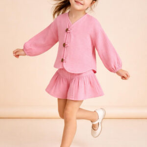 Kız Çocuk Balon Kollu Müslin Gömlek & Pileli Şort Takımı
