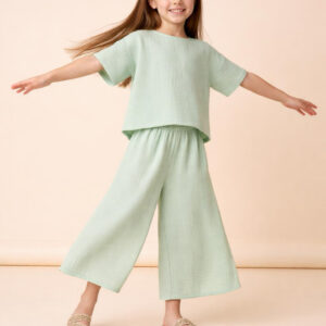 Kız Çocuk Yarım Kollu Müslin Tişört & Palazzo Pantolon Takımı