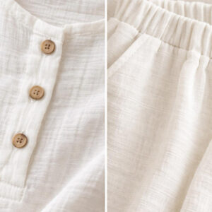 Erkek Çocuk Boyundan Düğmeli Müslin Gömlek & Dar Paça Pantolon Takımı