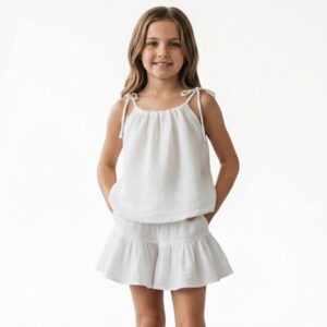 Kız Çocuk İp Askılı Crop & Pileli Müslin Şort Takımı