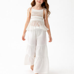 Kız Çocuk Püsküllü Dantel Örgü Bluz & Pileli Müslin Pantolon Takımı
