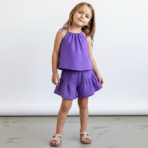 Kız Çocuk İp Askılı Crop & Pileli Müslin Şort Takımı