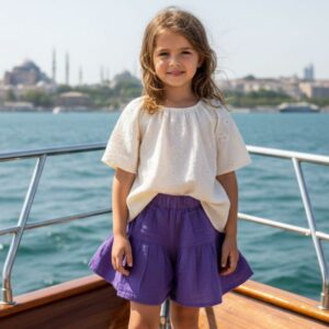 Kız Çocuk Pile Detaylı Müslin Şort
