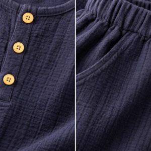 Erkek Çocuk Boyundan Düğmeli Müslin Gömlek & Dar Paça Pantolon Takımı