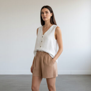 Kadın Sıfır Kollu Müslin Gömlek & Şort Takımı