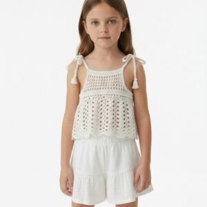 Kız Çocuk Dantel Örgü Bluz & Pileli Müslin Şort Takımı