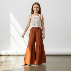 Kız Çocuk Pile Detaylı Müslin Pantolon