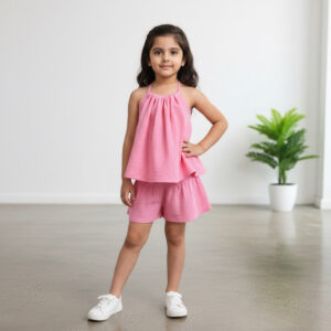 Kız Çocuk İp Askılı Crop & Pileli Müslin Şort Takımı