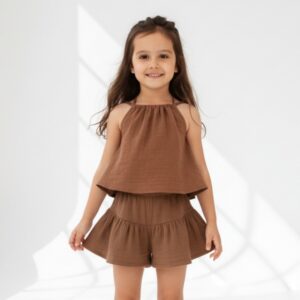 Kız Çocuk İp Askılı Crop & Pileli Müslin Şort Takımı