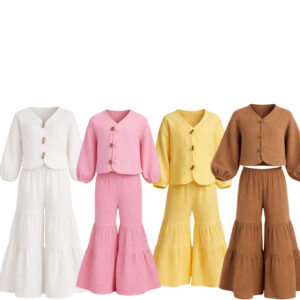 Kız Çocuk Balon Kollu Müslin Gömlek & Pileli Pantolon Takımı