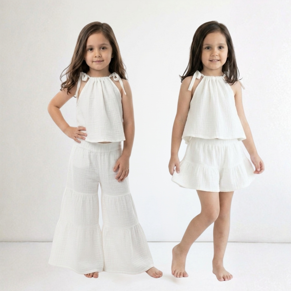 Kız Çocuk 3'lü Müslin Bluz Şort Pantolon Takımı - Görsel 2