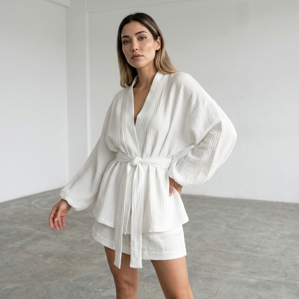 Kadın Balon Kollu Müslin Kimono Takım - Görsel 5