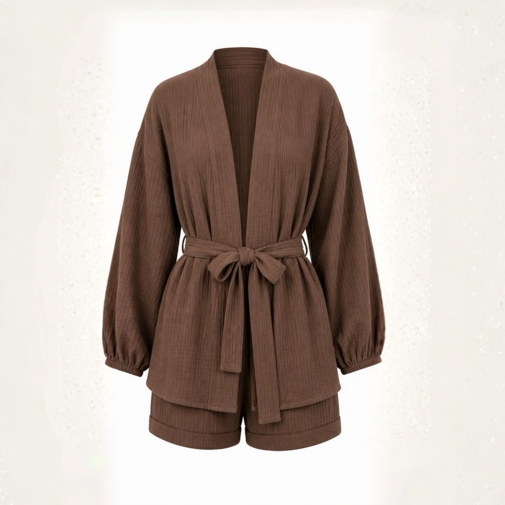 Kadın Balon Kollu Müslin Kimono Takım - Görsel 9