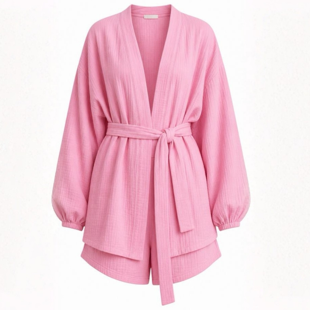 Kadın Balon Kollu Müslin Kimono Takım - Görsel 11